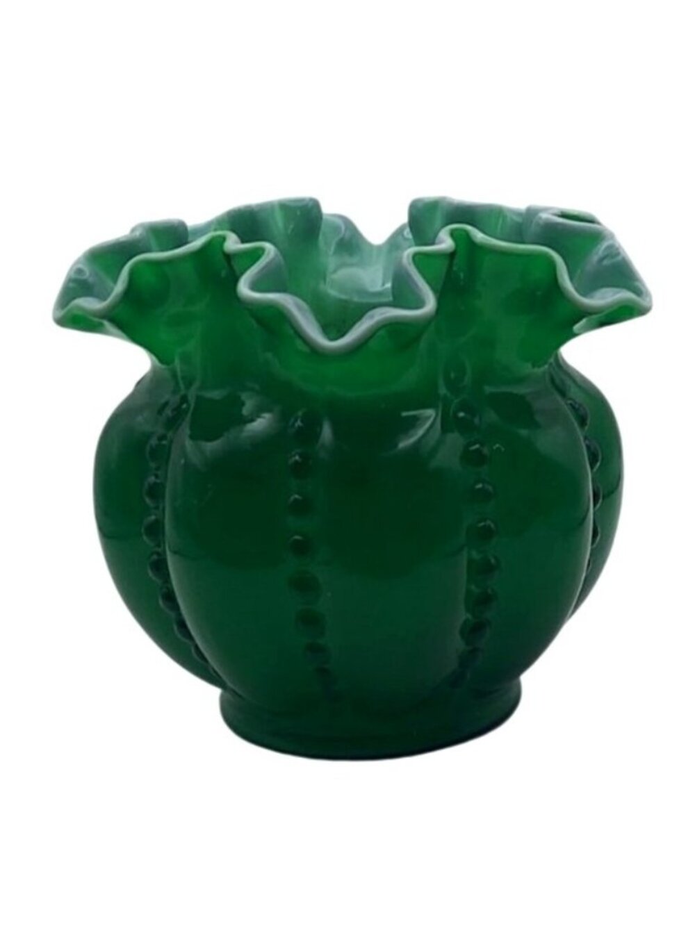 Vintage Fenton Glass Emerald Green Beaded Melon Crimped Ruffled Cased Vase MCM